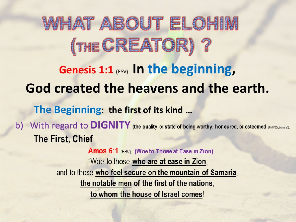 WHAT ABOUT ELOHIM (THE CREATOR) ? Genesis 1:1 (ESV) In the beginning, God created